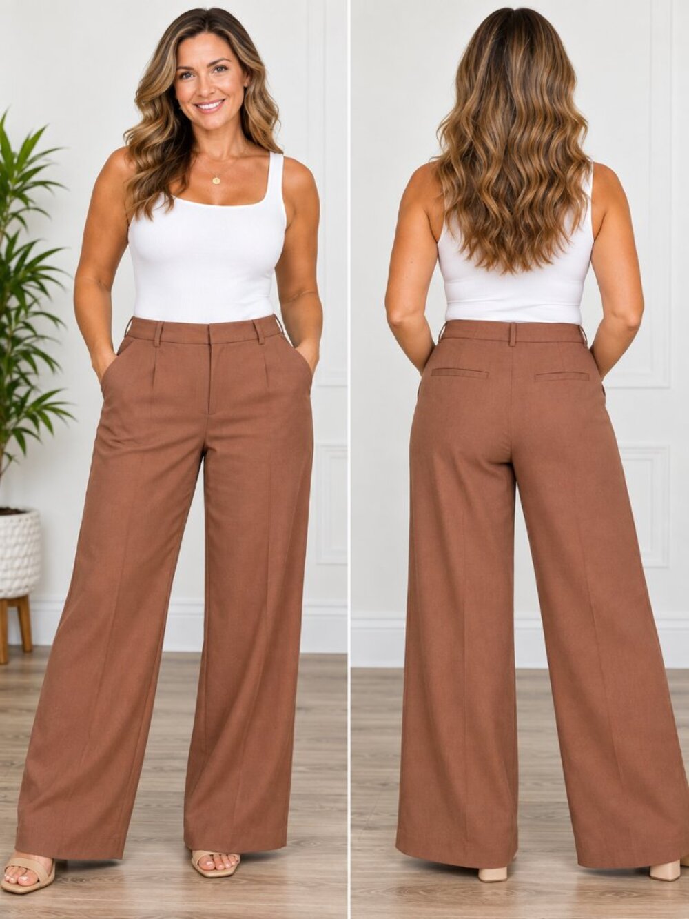 Express Editor Brown Linen Blend Wide Leg Relaxed Trousers Size 4R